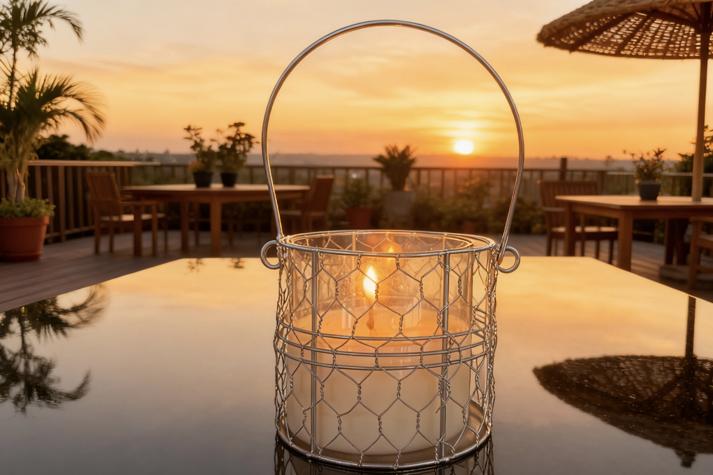 Glass Candle with Metal Holder and Handle